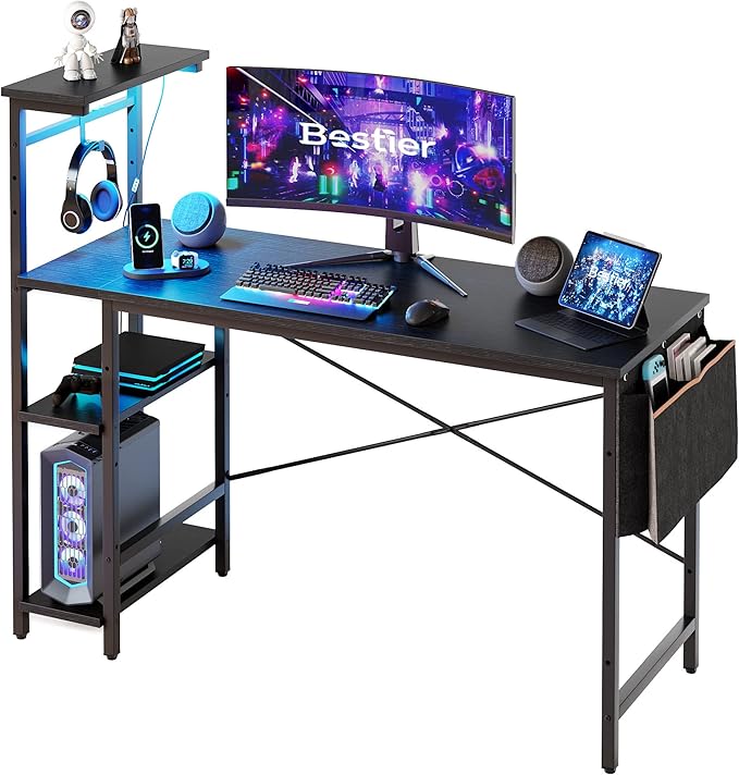 Bestier Gaming Desk with LED Lights, Computer Desk with 4 Tiers Reversible Shelves, 51.3 Inch Home Office Writing Desk with Side Storage Bag, Hooks and Height Adjustable Shelf (Black Grained) - LeafyLoom
