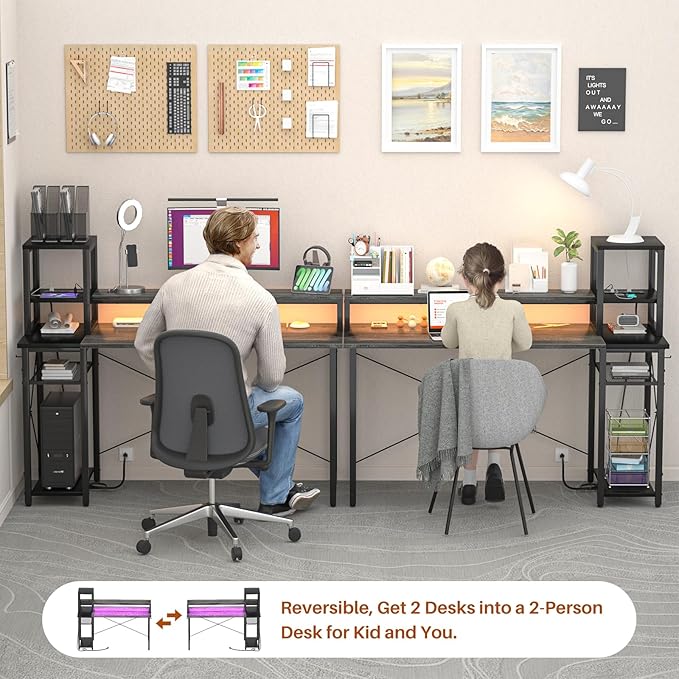 armocity 2024 Upgrade Gaming Desk with LED Lights, Small Computer Desk with Long Monitor Stand, 47.2'' Reversible Laptop Table with Storage Shelves, Small Desk for Small Spaces, Gaming Room, Grey - LeafyLoom