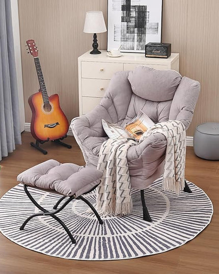Lazy Chair and Ottoman, Large Accent Lounge Chair with Armrests and a Side Pocket, Modern Leisure Upholstered Sofa Reading Armchair with Footrest for Bedroom, Living Room, Dorm Rooms, Office - LeafyLoom