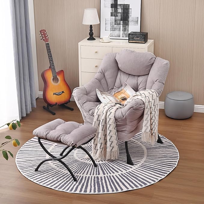 Lazy Chair and Ottoman, Large Accent Lounge Chair with Armrests and a Side Pocket, Modern Leisure Upholstered Sofa Reading Armchair with Footrest for Bedroom, Living Room, Dorm Rooms, Office - LeafyLoom