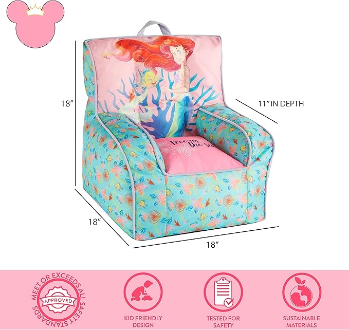 Idea Nuova Disney Little Mermaid Kids and Toddler Canvas Bean Bag Chair with Piping & Top Carry Handle - LeafyLoom