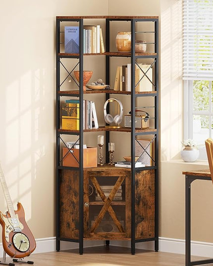 YITAHOME Corner Bookshelf with Storage, 7-Tier Corner Shelf with Doors, Large Corner Bookcase Display Rack for Living Room Bedroom Home Office, Rustic Brown - LeafyLoom