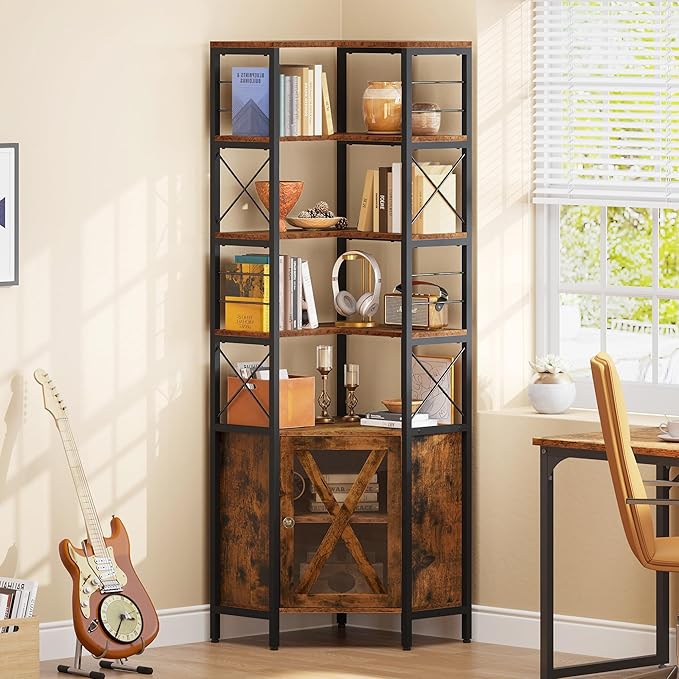 YITAHOME Corner Bookshelf with Storage, 7-Tier Corner Shelf with Doors, Large Corner Bookcase Display Rack for Living Room Bedroom Home Office, Rustic Brown - LeafyLoom