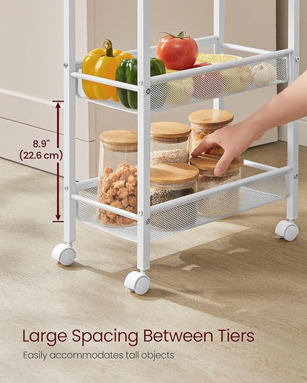 VASAGLE Slim Rolling Cart, 5-Tier Storage Cart, Narrow Cart with Handle, 8.7 Inches Deep, Metal Frame, for Kitchen, Dining Room, Living Room, Home Office, Oak Beige and White ULRC035W09 - LeafyLoom