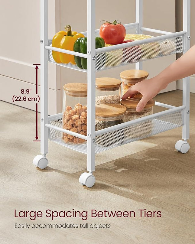 VASAGLE Slim Rolling Cart, 5-Tier Storage Cart, Narrow Cart with Handle, 8.7 Inches Deep, Metal Frame, for Kitchen, Dining Room, Living Room, Home Office, Oak Beige and White ULRC035W09 - LeafyLoom
