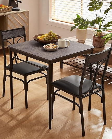 VECELO Kitchen & Dinning Room 3 pieceTable Dinner Table Pu Cushion Chair Small Space,Modern Industrial Style, Dark Brown, Dining set for 2 - LeafyLoom