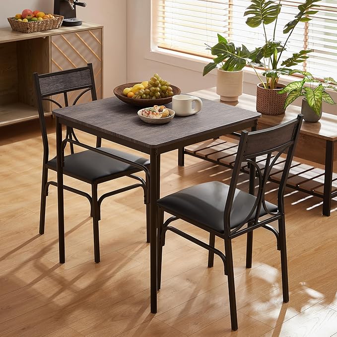 VECELO Kitchen & Dinning Room 3 pieceTable Dinner Table Pu Cushion Chair Small Space,Modern Industrial Style, Dark Brown, Dining set for 2 - LeafyLoom