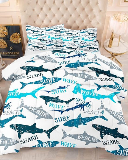 Shark Comforter Bedding Set Twin for Boys Teens Blue Shark Pattern Comforter Sets Decorative Quilt Set with Pillowcase - LeafyLoom