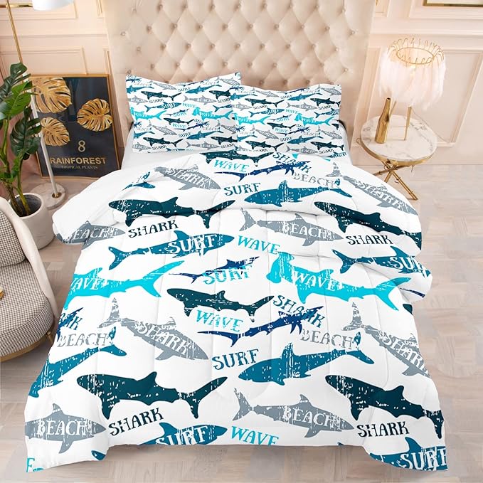 Shark Comforter Bedding Set Twin for Boys Teens Blue Shark Pattern Comforter Sets Decorative Quilt Set with Pillowcase - LeafyLoom