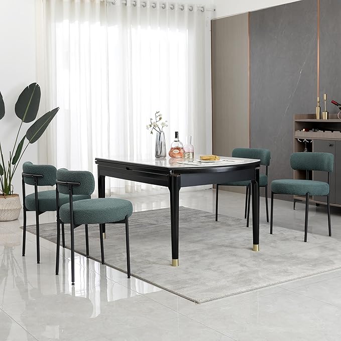 Dark Green Dining Chairs Set of 4 Round Upholstered Boucle Dining Room Chairs Mid-Century Modern Kitchen Chairs Curved Backrest Chairs for Dining Room Black Metal Legs - LeafyLoom