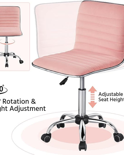 Yaheetech Velvet Low Back Vanity Chair Armless Ribbed Office Chair Swivel Task Chair Height Adjustable Chair Apricot Pink - LeafyLoom