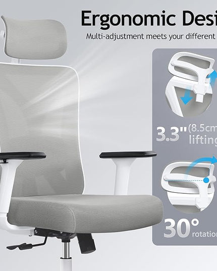 KERDOM Ergonomic Office Chair, Rolling Swivel Executive Desk Chair, Breathable Mesh Gaming Chair with Adjustable Headrest, 3D Armrest and Lumbar Support for Home Office LightGray - LeafyLoom