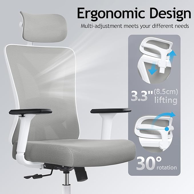 KERDOM Ergonomic Office Chair, Rolling Swivel Executive Desk Chair, Breathable Mesh Gaming Chair with Adjustable Headrest, 3D Armrest and Lumbar Support for Home Office LightGray - LeafyLoom