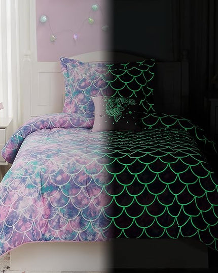 KALEIDOSPACE Pink Comforter Twin for Kids, Glow in The Dark Mermaid Bedding Sets with Decor Pillow, 3 Pieces Girls Bed Set - LeafyLoom
