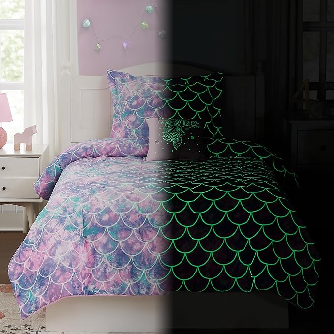 KALEIDOSPACE Pink Comforter Twin for Kids, Glow in The Dark Mermaid Bedding Sets with Decor Pillow, 3 Pieces Girls Bed Set - LeafyLoom