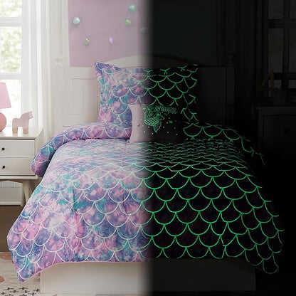 KALEIDOSPACE Pink Comforter Twin for Kids, Glow in The Dark Mermaid Bedding Sets with Decor Pillow, 3 Pieces Girls Bed Set - LeafyLoom