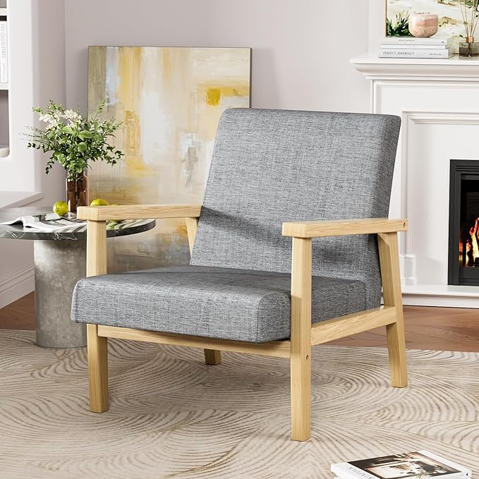 YESHOMY Mid-Century Modern Accent Chair with Solid Wood Frame and Thick Cushion for Living Room, Bedroom, Home Office, Set of 2, Gray - LeafyLoom