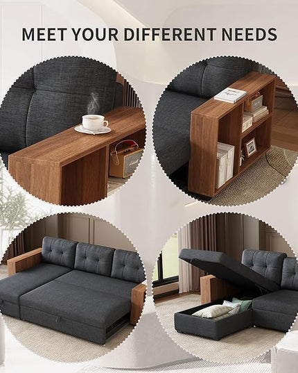 Ball & Cast 84" Sectional Sleeper Sofa Chaise, L Shaped Pull Out Couch Bed,Wooden Storage Handrail,for Apartments, Living Room and Office, Dark Grey - LeafyLoom