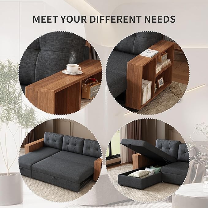 Ball & Cast 84" Sectional Sleeper Sofa Chaise, L Shaped Pull Out Couch Bed,Wooden Storage Handrail,for Apartments, Living Room and Office, Dark Grey - LeafyLoom