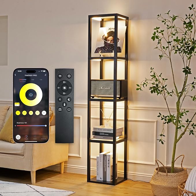 FENLO Fantasy Pro - 66" Glass Dimmable LED Floor Lamp with Shelves for Bedroom, Tempered Glass Display Shelf Lamp for Living Room, Open Display Stand for Business, Long Lasting LED, Unique Home Decor - LeafyLoom