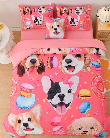 DORCAS Pink Twin Comforter Set for Girls Cute Dog Bedding Sets Twin Girls 6 Pieces Animal Twin Bed-in-A-Bag with Comforter,Sheets,Pillowcases for Kids - LeafyLoom
