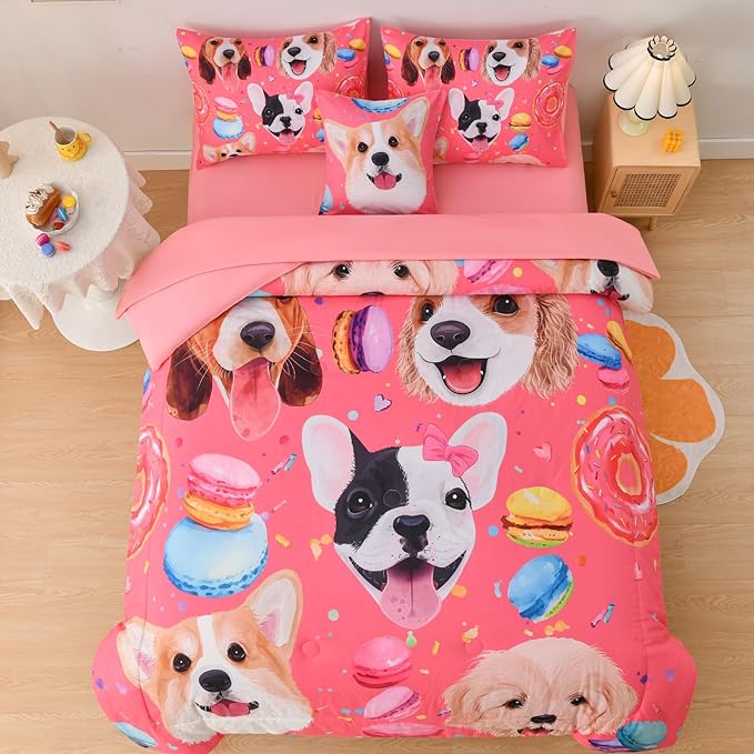 DORCAS Pink Twin Comforter Set for Girls Cute Dog Bedding Sets Twin Girls 6 Pieces Animal Twin Bed-in-A-Bag with Comforter,Sheets,Pillowcases for Kids - LeafyLoom