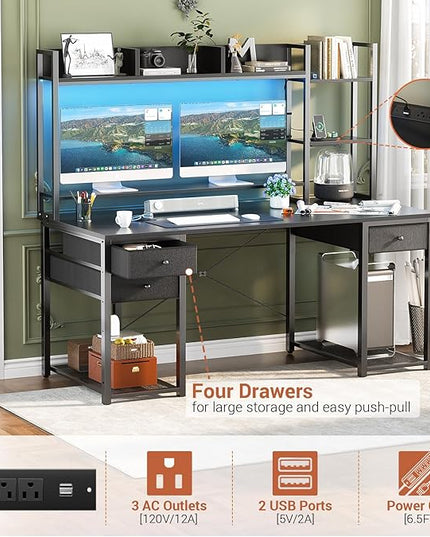 Aheaplus Desk with LED and Outlets, Gaming Desk with Hutch, 55.2'' Computer Desk with Drawers, Reversible office desk with storage bookshelf Large Workstation Desk with Shelf, Desk for Home, Black - LeafyLoom