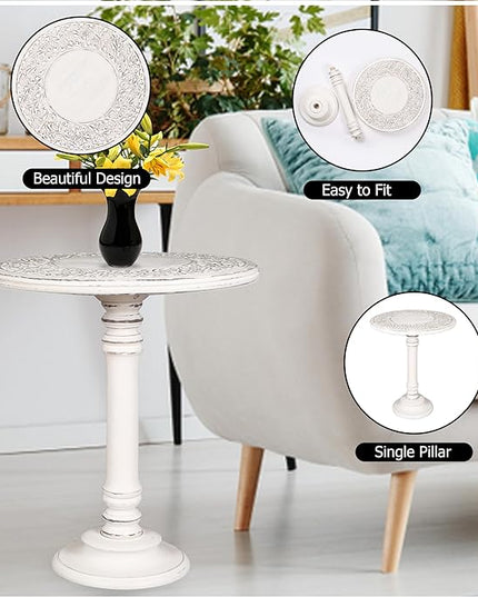 Side Table,Round End Table,Small Table,Side Tables Living Room,End Table,Round Side Table,Altar Table, Carved Side Table,Wood Accent Table,Carved Wood Table Single Pillar 18x22 inch White Antique - LeafyLoom