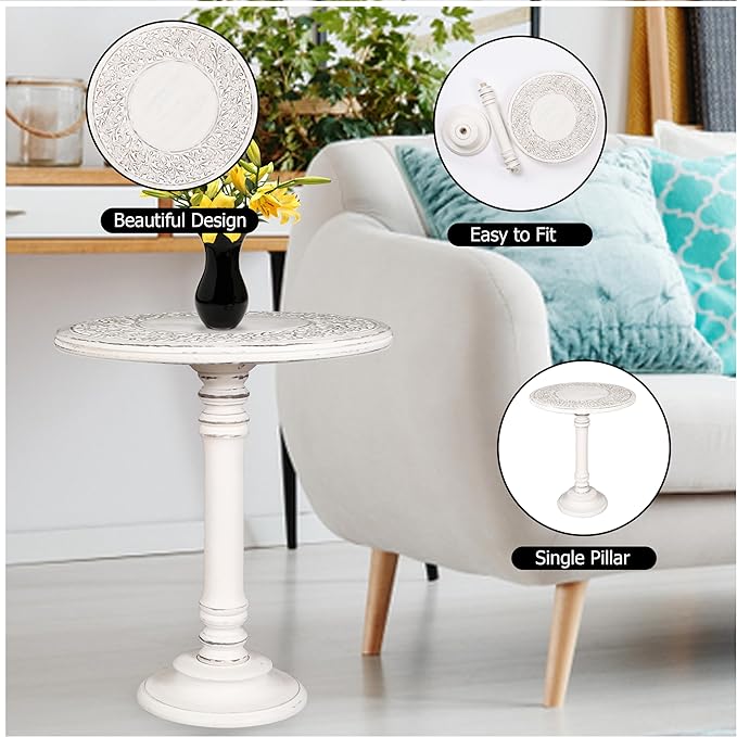 Side Table,Round End Table,Small Table,Side Tables Living Room,End Table,Round Side Table,Altar Table, Carved Side Table,Wood Accent Table,Carved Wood Table Single Pillar 18x22 inch White Antique - LeafyLoom
