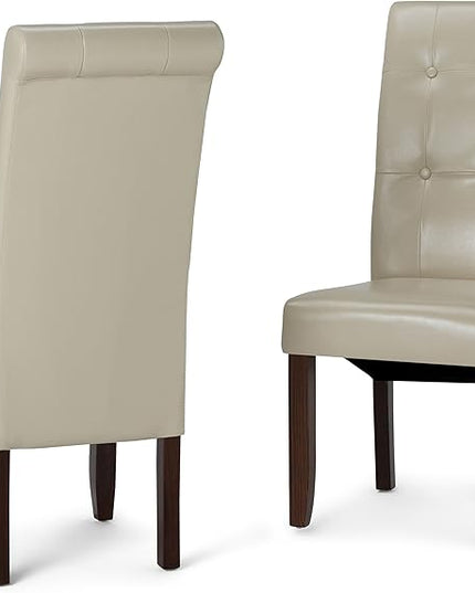 SIMPLIHOME Cosmopolitan Transitional 7 Pc Dining Set with 6 Upholstered Dining Chairs in Satin Cream Vegan Faux Leather and 66 Inch Wide Table, For the Dining Room and Kitchen - LeafyLoom