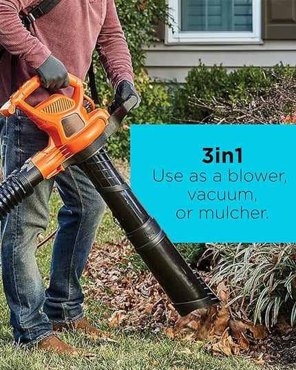 BLACK+DECKER Electric Leaf Blower, Leaf Vacuum and Mulcher 3 in 1, 250 mph Airflow, 400 cfm Delivery Power, Reusable Bag Included, Corded (BEBL7000) - LeafyLoom