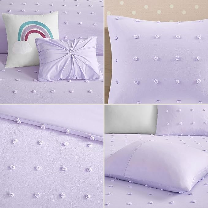 Callie Cotton Jacquard Weave Colorful Pom Pom Kids Comforter sets, Down Alternative Shabby Chic All Season Girls Bedding, Bedroom Decor, Twin/Twin XL, Lavender 4 Piece - LeafyLoom