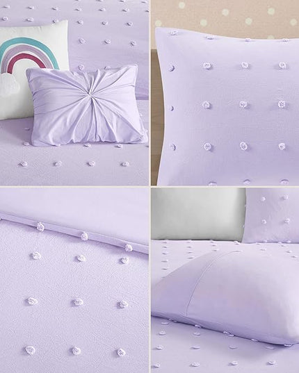 Callie Cotton Jacquard Weave Colorful Pom Pom Kids Comforter sets, Down Alternative Shabby Chic All Season Girls Bedding, Bedroom Decor, Full/Queen, Lavender 5 Piece - LeafyLoom