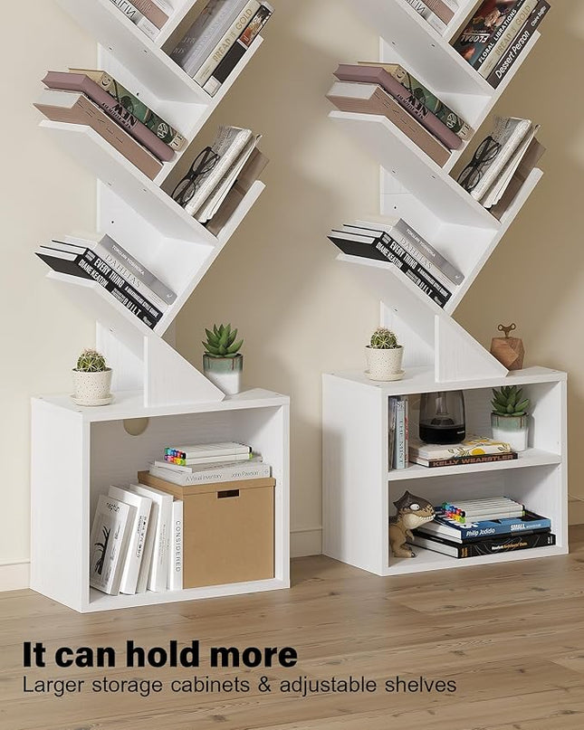 SUNMORY 6 Tier Tree Bookshelf, Tall Bookcase with Storage Cabinet, Modern Narrow Bookshelves Organizer, Floor Standing Book Shelf for Bedroom/Living Room/Home Office/Corner, White - LeafyLoom