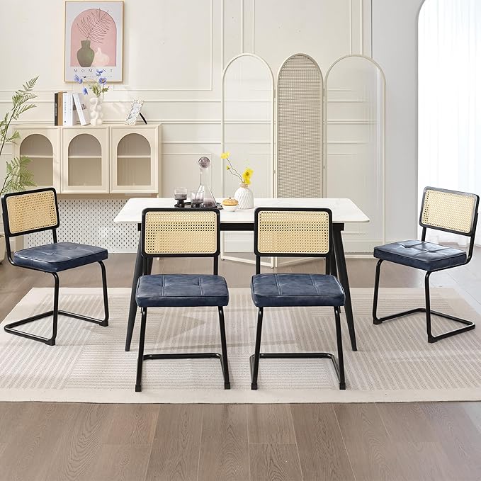 Rattan Dining Chairs Set of 2, Mid Century Modern PU Leather Dining Room Kitchen Chairs with Cane Back, Metal Chrome Legs, Upholstered Wicker Armless Accent Chairs, Blue - LeafyLoom