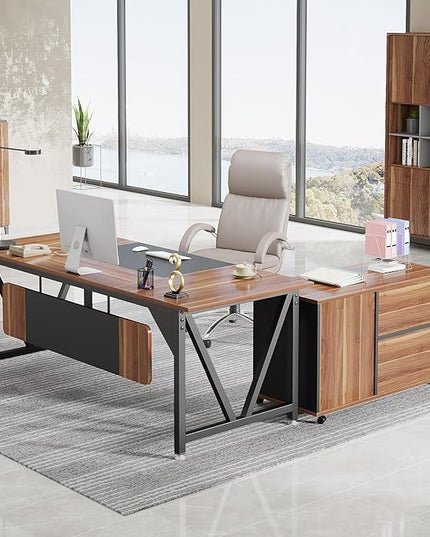 70.8" Executive Desk with 35.4" File Cabinet, L-Shaped Computer Desk, Wood Office Desk for Home Office - LeafyLoom