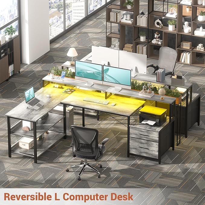 Aheaplus L Shaped Desk with File Drawer, 66" Reversible L Shaped Computer Desk with Power Outlet & LED Strip, Gaming Desk with Monitor Stand, Office Desk Corner Desk with Storage Shelf, White Oak - LeafyLoom