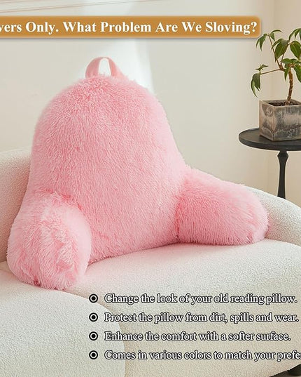 XeGe Faux Fur Reading Pillow Cover (No Filler), Fluffy Back Rest Pillow Case for Sitting in Bed, Adults Kids Girls Shaggy Sit Up Back Support Study Pillow Cover for Couch Chair Home Decoration, Pink - LeafyLoom