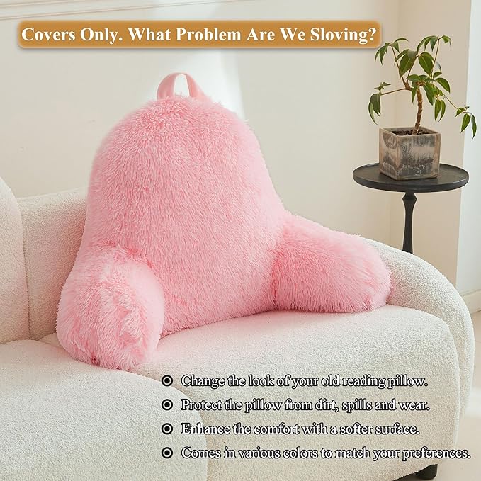 XeGe Faux Fur Reading Pillow Cover (No Filler), Fluffy Back Rest Pillow Case for Sitting in Bed, Adults Kids Girls Shaggy Sit Up Back Support Study Pillow Cover for Couch Chair Home Decoration, Pink - LeafyLoom