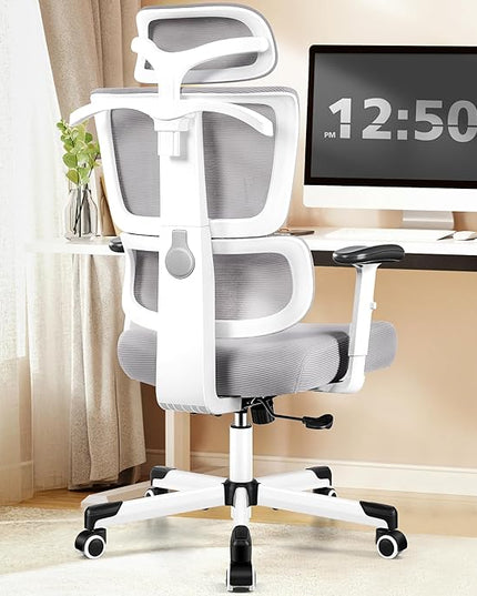 Primy Office Chair Ergonomic Desk Chair, High Back Computer Gaming Chair, Comfy Big and Tall Home Office Chair with Lumbar Support, Breathable Mesh Reclining Chair Adjustable Armrests Headrest(Gray) - LeafyLoom