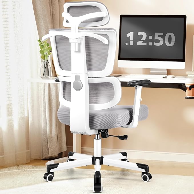 Primy Office Chair Ergonomic Desk Chair, High Back Computer Gaming Chair, Comfy Big and Tall Home Office Chair with Lumbar Support, Breathable Mesh Reclining Chair Adjustable Armrests Headrest(Gray) - LeafyLoom