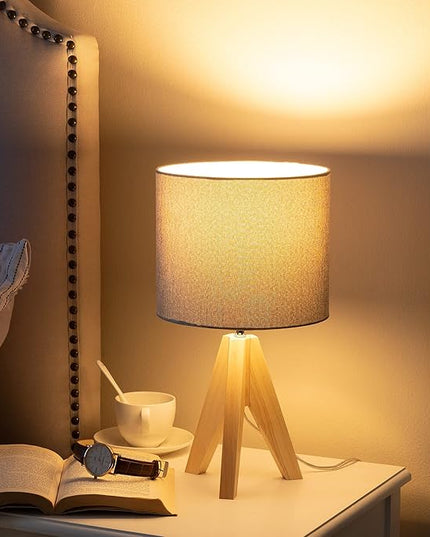 DEWENWILS Mid Century Table Lamp, Wooden Tripod Nightstand Lamp with Linen Fabric Shade, Bedside Lamp for Living Room, Nursery, Bedroom, Side Table, 14.2 Inch, ON/Off Switch - LeafyLoom