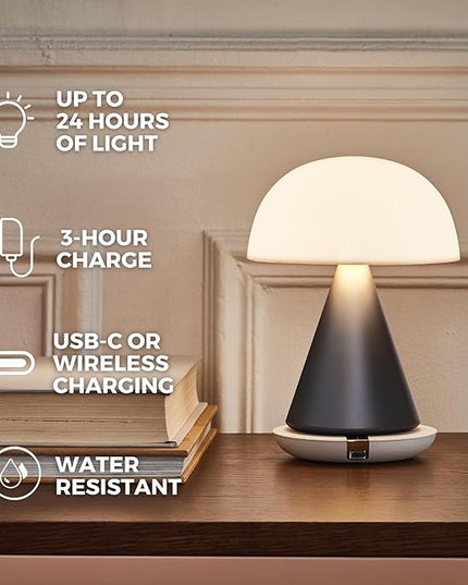 Lexon Mina L Mushroom Lamp - 9 LED Color Table Lamp for Bedrooms, Living Room & Office - Cordless, Rechargeable with 24h Light & Dimmer, Aluminum, Large - Alu Poli - LeafyLoom