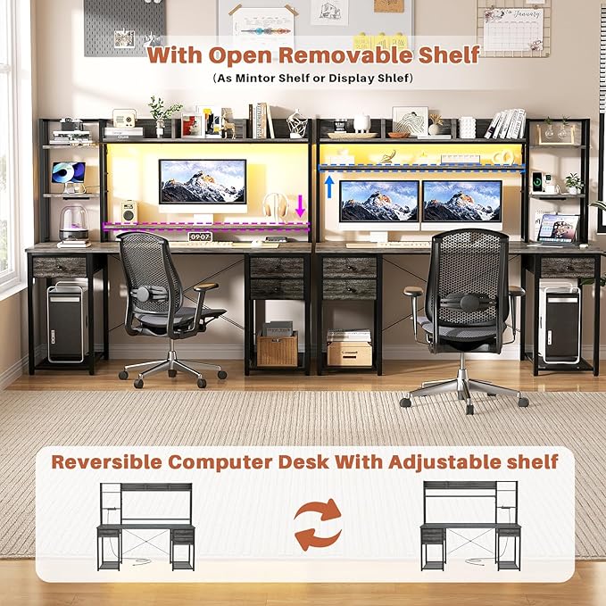 Aheaplus Desk with LED and Outlets, Gaming Desk with Hutch, 55.2'' Computer Desk with Drawers, Reversible office desk with storage bookshelf Large Workstation Desk with Shelf, Desk for Home, Black Oak - LeafyLoom