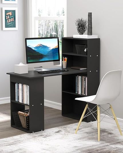 HOMCOM Modern Home Office Desk with 6-Tier Storage Shelves, 47" Writing Table with Bookshelf, Black - LeafyLoom