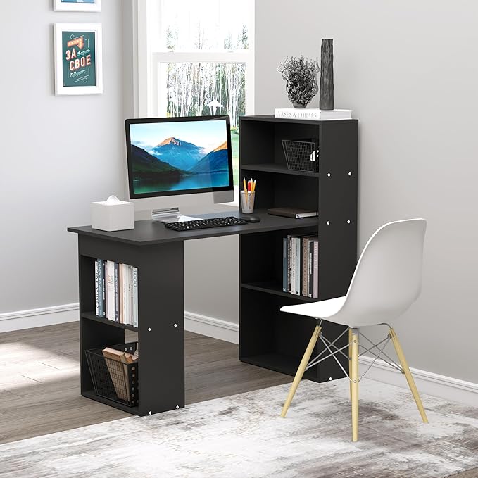 HOMCOM Modern Home Office Desk with 6-Tier Storage Shelves, 47" Writing Table with Bookshelf, Black - LeafyLoom