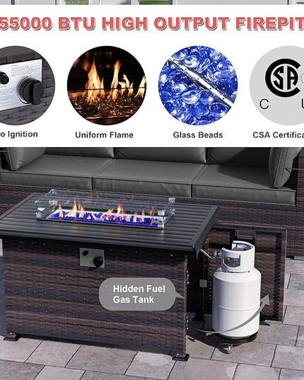 Patio Furniture Sectional Sofa Set 11-Pieces PE Rattan Swivel Rocking Chairs Patio Conversation Set w/43in Gas Fire Pit Table, Outdoor Furniture with 55000 BTU Propane Fire Pit, Grey - LeafyLoom