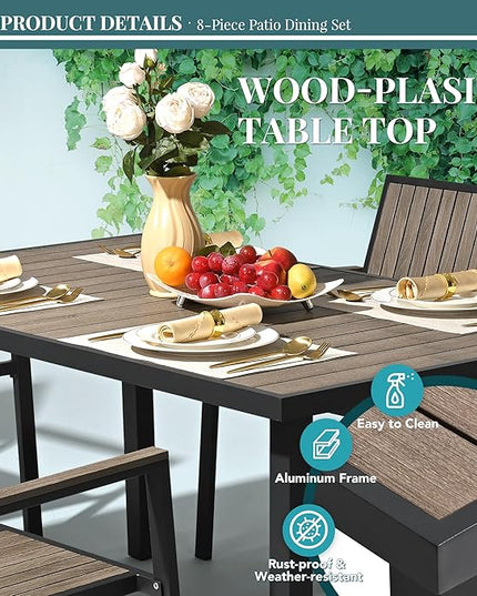 Pamapic 8-Piece Patio Dining Set，Outdoor Aluminum Furniture Set with Plastic-Wood Table Top,Outdoor Furniture Set with 6 Outdoor Stackable Chairs for Patio Garden Poolside，Walnut - LeafyLoom