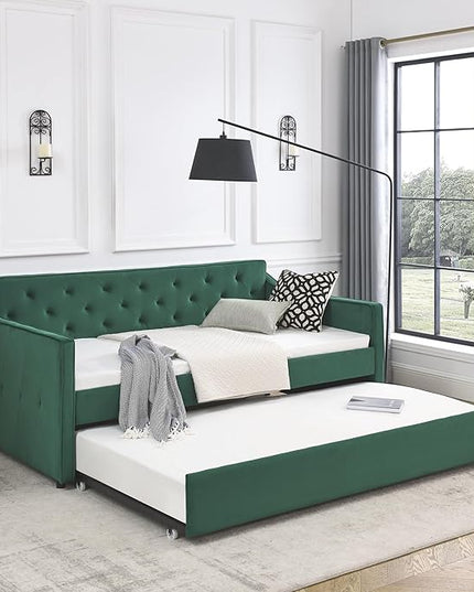 Upholstered Twin Size Daybed with Twin Trundle, Solid Wood Sofa Bed w/Button Tufted Backrest and Waved Shape Arms, for Kids, Living Room, Bedroom, Dorm, No Box Spring Needed, Green - LeafyLoom