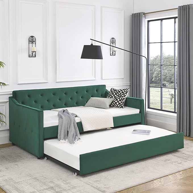 Upholstered Twin Size Daybed with Twin Trundle, Solid Wood Sofa Bed w/Button Tufted Backrest and Waved Shape Arms, for Kids, Living Room, Bedroom, Dorm, No Box Spring Needed, Green - LeafyLoom